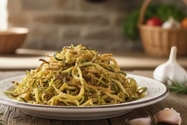 Un piatto invitante di spaghetti di zucchine dorati, conditi con pangrattato croccante, su un tavolo di legno rustico.