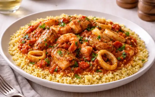 Un invitante cous cous di pesce con gamberi, anelli di calamaro e pezzi di pesce in salsa di pomodoro, guarnito con prezzemolo fresco.