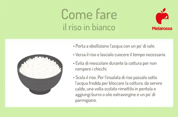 Guida su come cuocere il riso in bianco: porta l'acqua a ebollizione, versa il riso e cuoci senza mescolare. Scola e condisci a piacere.