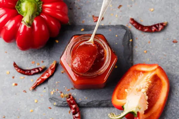Un vasetto di marmellata di peperoni, con un cucchiaino che ne raccoglie un po'. Peperoni rossi interi e tagliati, peperoncini secchi e fiocchi di peperoncino completano la scena.